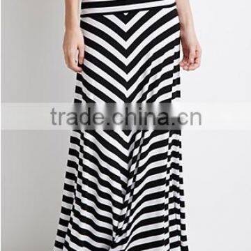 Striped Fold-Over Raw-cut Hem Long Maxi Skirt