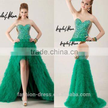 Luxury Tiered Tulle Green Front Short Long Back Evening Dresses With Beaded