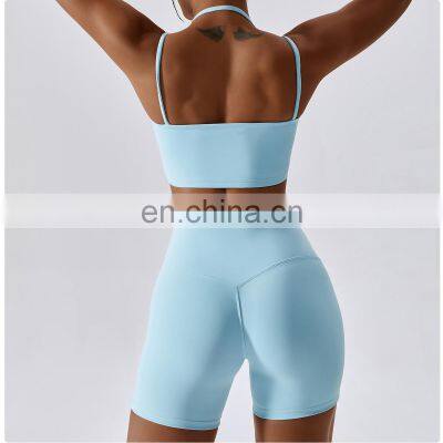 New Style Sexy Thin Straps Sports Bra Butt Lift Shorts Leggings Two Piece Gym Yoga Set Suit Women Workout Fitness Active Wear photo-3