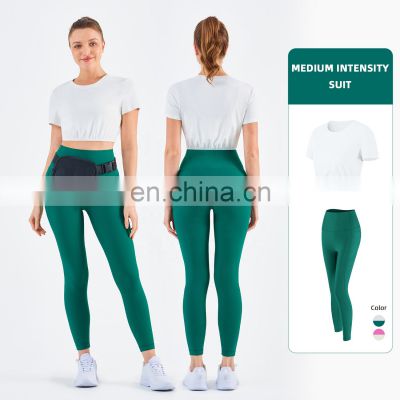 Wholesale Gym Ribbed Yoga T Shirt Elastic Legging Sets Custom Fitness Wear