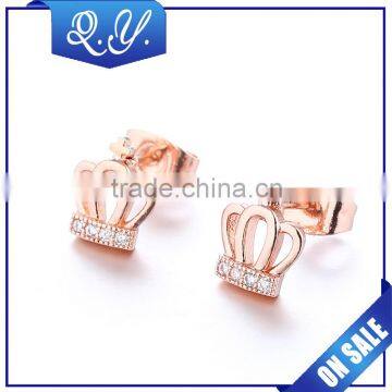 Rose gold plated CZ ear piercing jewelry crown ear studs