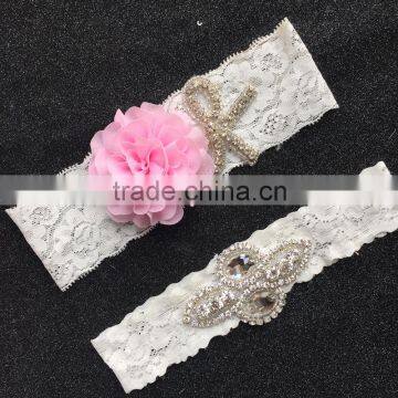 Pink Flower Elastic Lace Wedding Bride Garter,Butterfly Rhinestone Applique Wedding Garter Set