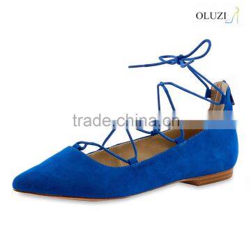 OLNS025 2016 latest style lace up suede upper flat pointy toe fashion flat sandals for women