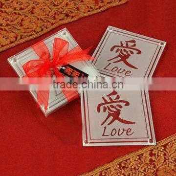 Chinese style "LOVE" theme glass coaster,square table mats for wedding gift