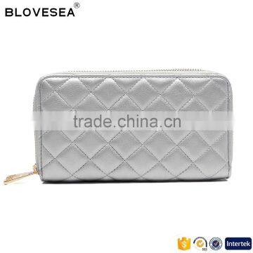 Classic Trendy Style Diamond Lattice Stitching Double Zipper Silver Ladies PU Leather Wallet