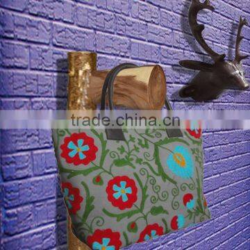 RTHHB-6 Colouful Canvas Floral Embroidery Uzbek Suzani semi leather handled tote shopping bags embroidery Manufacturers