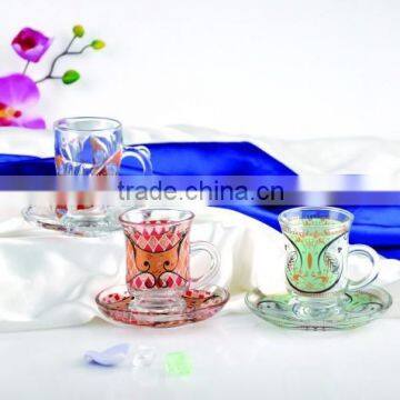 Beautiful decal glass tea cup saucer set