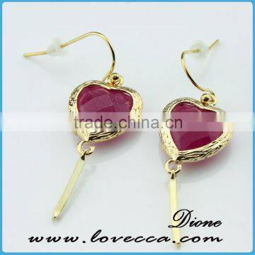 wholesale heart shape glass stone hanging drop long rose pink pendant earring