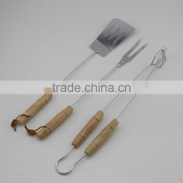 3-Piece Stainless Steel Barbecue Tool Set With Round Wood Handle