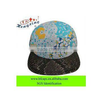 Custom blank snakeskin leather brim floral print pattern 5 panel hat