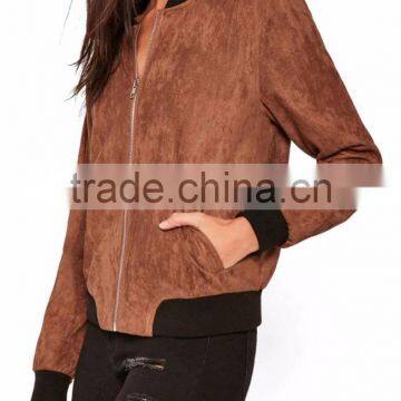 MGOO Custom Made Soft Faux Suede Bomber Jacket New Design Zippered Pockets Women's Leather Jackets photo-3