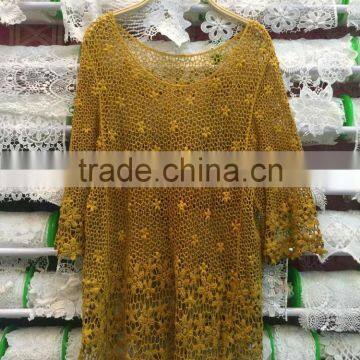 2017 Hollow cut brown color elegant fashion net ladies blouses in Guangzhou