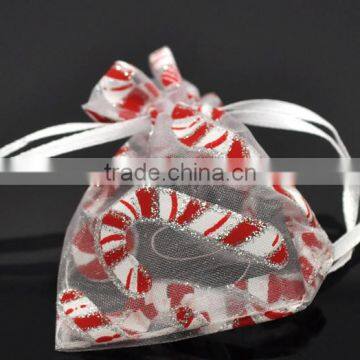 White Christmas Candy Cane Pattern W/Draw String Organza Wedding Gift Bags &Pouches