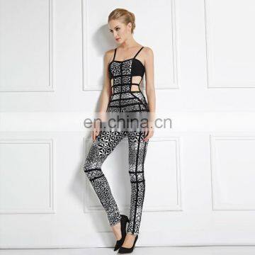 Sexy hollow out foil printed Bandage jumpsuits for women fashion pants