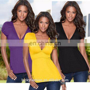 2016 Baiyimo china manufacturer Sexy women short sleeve V Neck shirt, casual fashion slim Fit t shirt cotton, tops