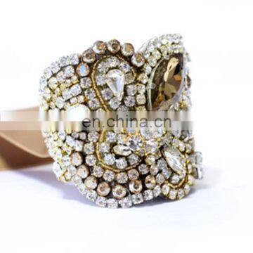 Aidocrystal Handmade golden bangle jewelry rhinestone wide women bracelet crystal color cuff with ribbon