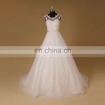 Elegant Sleeveless A-Line Lace Applique With Sequins Wedding Dress Chapel Tail