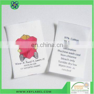 Eco-friendly main printed satin labels for kids garment wash care labels