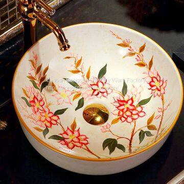 Modern new round hand draw flower ceramic wash sink