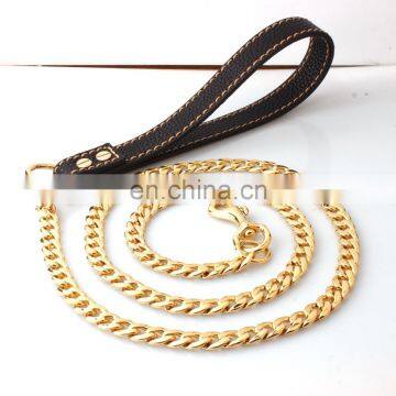 New Golden Stainless Steel Leather Rope Pet Leash Training Dog