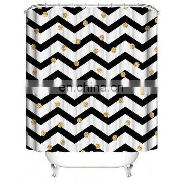 I@home Modern Bathroom Polyester Black and White Stripe Shower Curtain and Rug Set Print