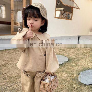 6752/Baby Girls Solid Peter Pan Collar Top With Ruffles Pants Set High Quality Boutique Girls Suit photo-4