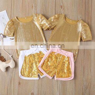 new 2020 Summer baby girls Sequined gold T-shirt+shorts 2pcs clothing sets Children's Round neck short sleeve suits