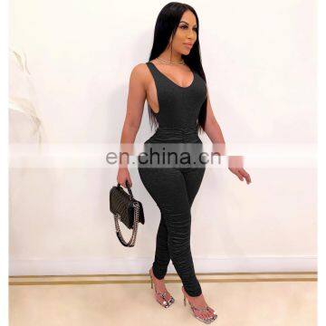 2020 New Arrivals Women Solid Color Jumpsuit Ladies Backless V-Neck Sleeveless Bodysuit Women Pleated Jumpsuit photo-3