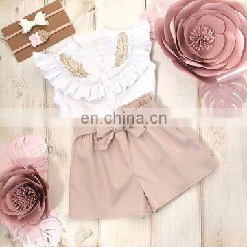 Girl Gold leaf Outfit Baby Lotus Collar Sleeveless Tops + khaki Bow Shorts 2PCS Sets for 1-6T