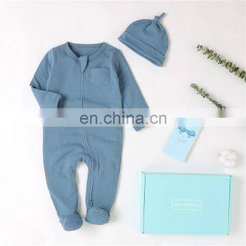 Hot Sale Double Zipper Organic Cotton Long Sleeve Romper Hat Set photo-2