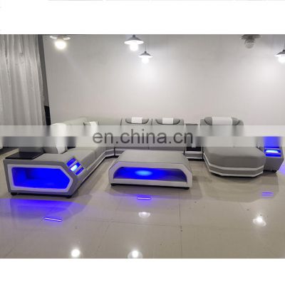 China modern designs LED lights living room genuine leather sofa set light grey sectional lounge sofa bed