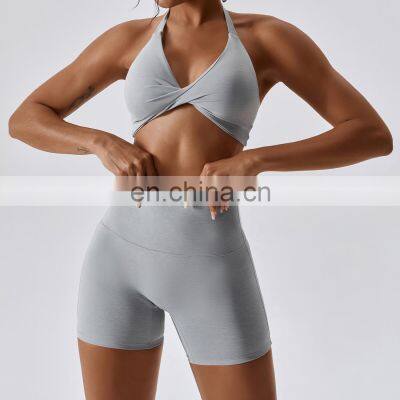 Recycled Front Twist Halter Neck Sports Bras Wholesale Sexy Backless Quick Dry Yoga Tops