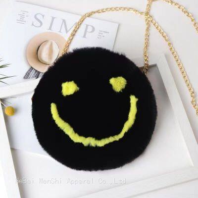 029Autumn and winter plush bag round smiley bag one shoulder oblique cross bag cute girl fur bag wholesale