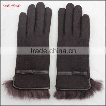 ladies winter warm brown woolen hand gloves with fur