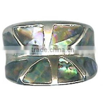 Silver Tone Band Ring with Multi colored Paua Shell Hand Made Ring Paua Abalone Shell Size 9