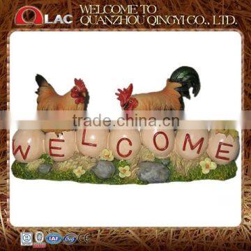 garden decorative resin two roosters on eggs with welcome board statue