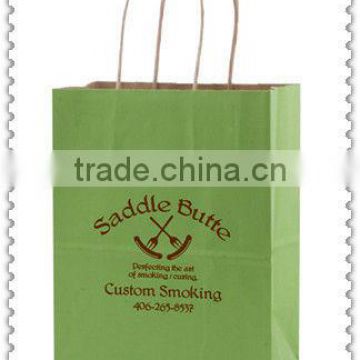 2013 New 100% Recycled green nuatural kraft paper shopper bag for saddle butte with paper twisted handle & logo printing