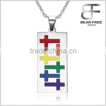 Stainless Steel Rainbow Cross Enamel Pendant Necklace for Gay & Lesbian Pride with Free Chain