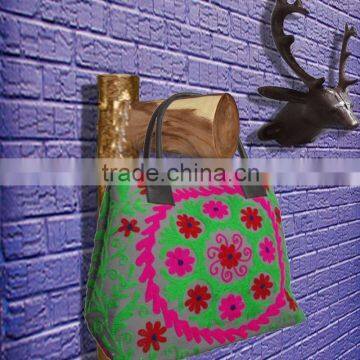 RTHHB-9 World Famous Canvas Flowers Embroidery Uzbek Suzani semi leather handled tote shopping bags embroidery Manufacturers