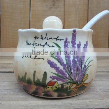 Kitchen Storage Type Lavander Handpainted Ceramic Sugar Jar with Spoon