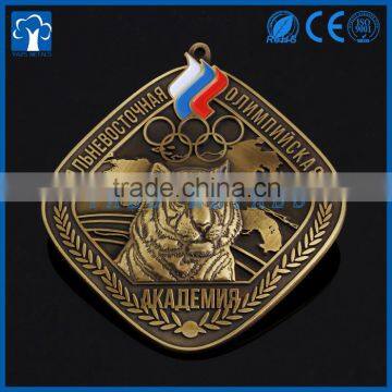 Russian tiger and country flag on brass cast championship medals