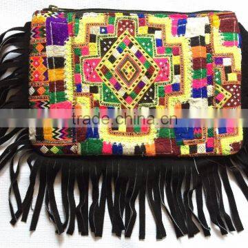 Vintage Banjara Clutch Gypsy purse Designer wallet leather fringes small clutch