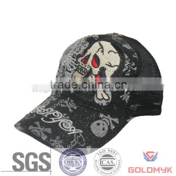 Skull Mesh Cap with silver thread embroidery ,Skull Trucker Hat and Cap