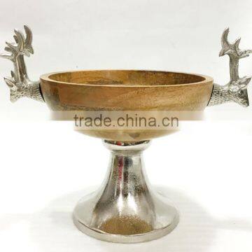 Aluminium Footed Wooden Bowl with designer Deer handle, Natural Wood Folding Bowl