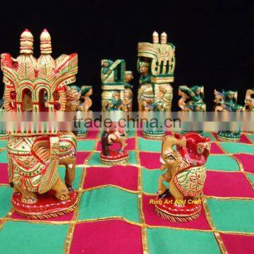 hand crafted hand painted artisan India art & Craft fine carvin Wooden Chess Set