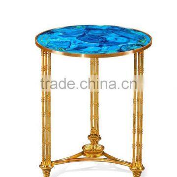 Gilded Bronze Tea Table with Ocean Wave Patterned Tops, Unique Design Glass Enamel Brass Round Shaped Side Table