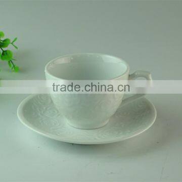 180ml Fancy Stocked White Ceramic flower embossed coffee cup and saucer for wholesales