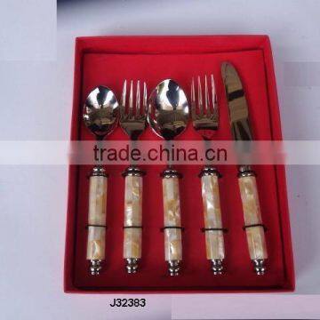 steel cutlery set with mother of pearl handle with knob at end in mirror polish finish