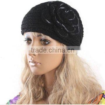 2014 Fashion black knit Flower head wrap