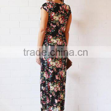 Korean Style One Piece Dress Nursing Vintage Floral Short Cap Sleeves Back Split Maxi Breastfeeding Dress photo-4